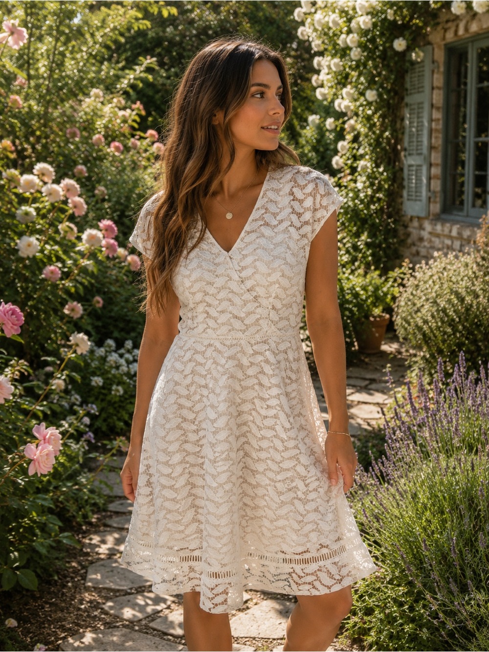 Shoshanna White Lace V-Neck Midi Dress
